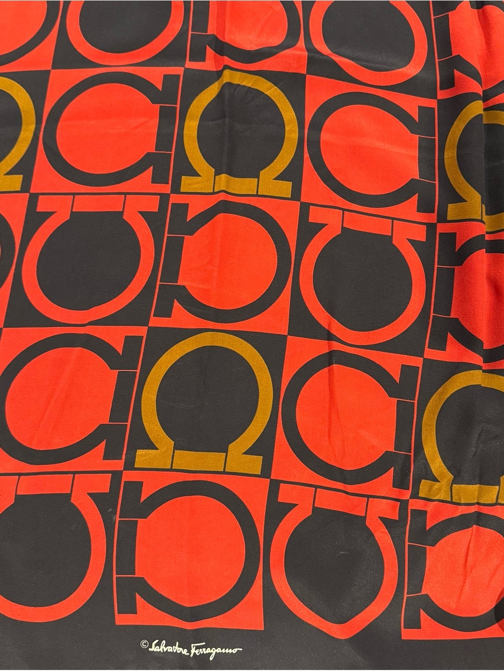 Vintage Salvatore Ferragamo Silk Scarf 34x34 Gancini Red Black Gold Italy